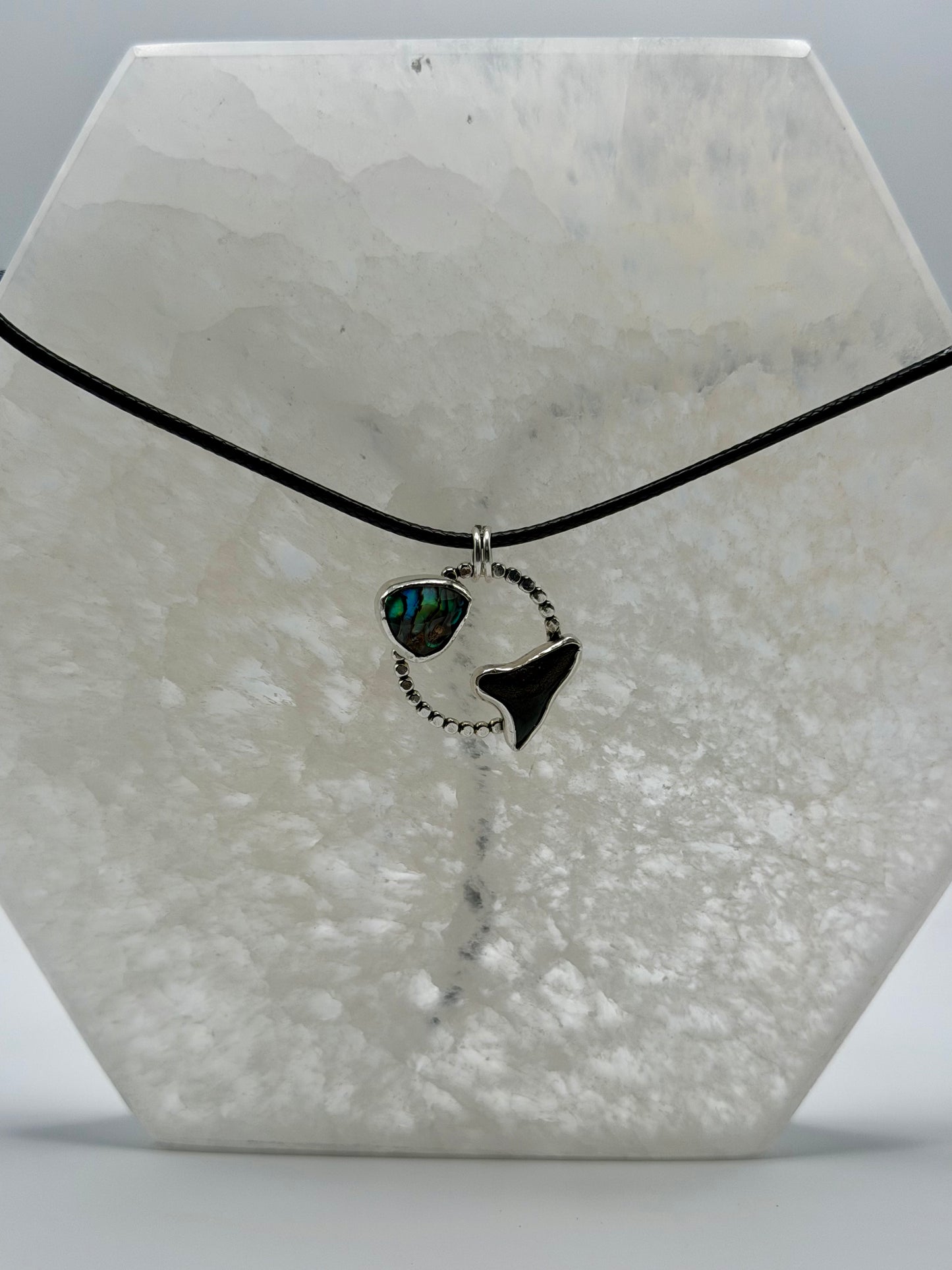 Tempest Halo Necklace | Shark Tooth and Abalone Silver Ring Pendant