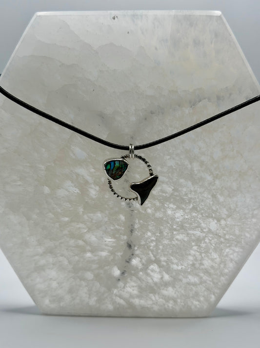 Tempest Halo Necklace | Shark Tooth and Abalone Silver Ring Pendant
