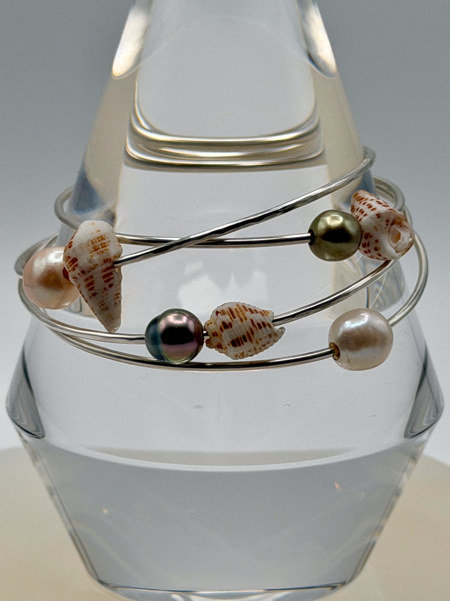 Rip Tide Bangle | Tahitian Pearl & Sea Shell / Sea Glass Silver Bracelet
