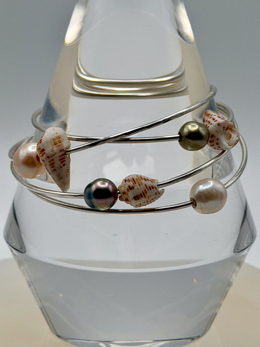 Ghost Tide Bangle | Freshwater Pearl & Sea Shell / Sea Glass Silver Bracelet