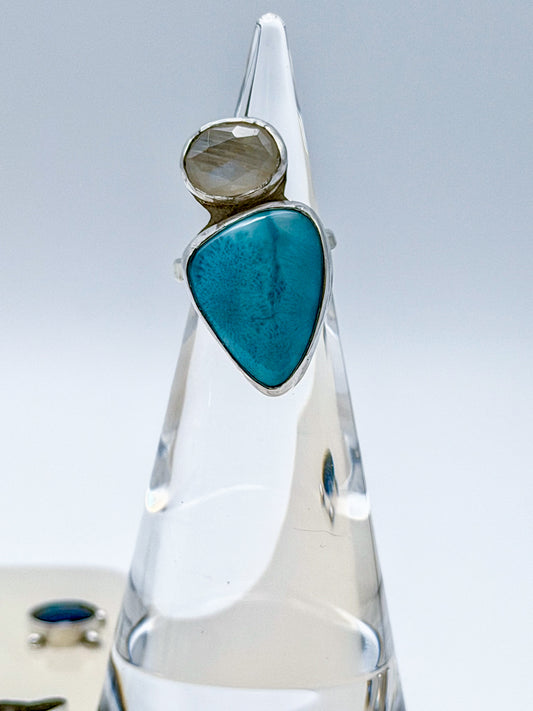 Larimar and Moonstone Balance Ring | Handmade Silver Double Gemstone Ring // Size 5